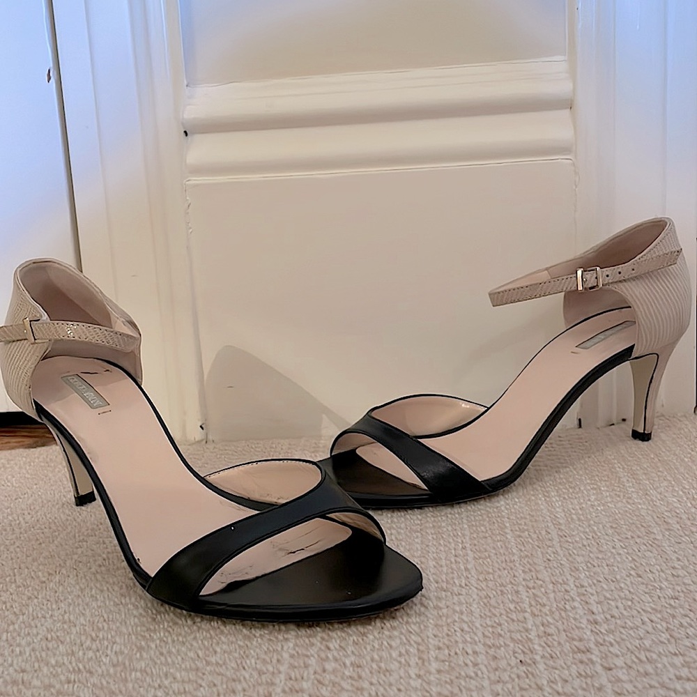 Giorgio Armani black and beige faux crocodile heeled sandal with ankle strap.